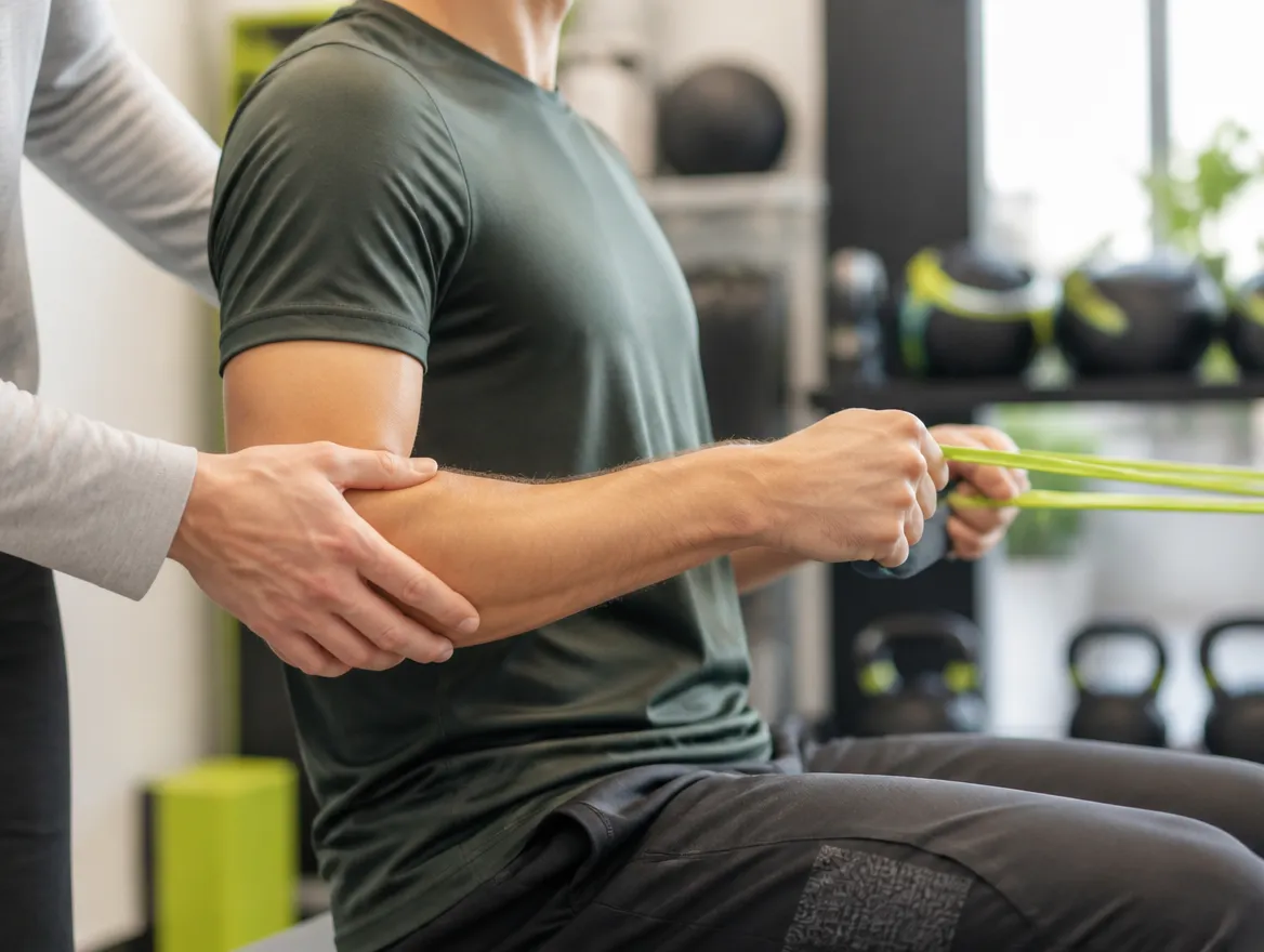 Patient working through a guided resistance-band exercise in the rehab gym
