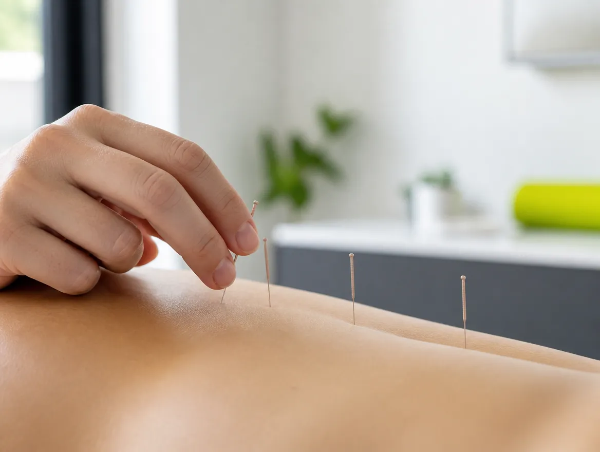 Acupuncture needles placed with precision in a patient’s upper back