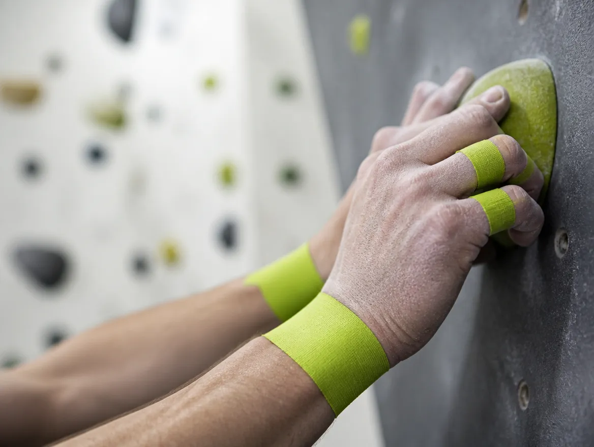 Climber’s chalked hands with kinesiology tape gripping a hold